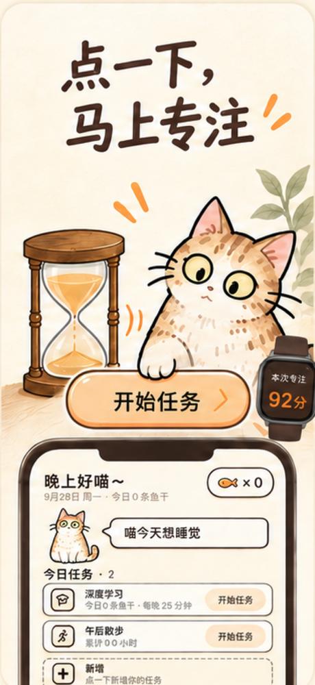 猫猫沙漏－专注番茄钟 · 应用截图 1